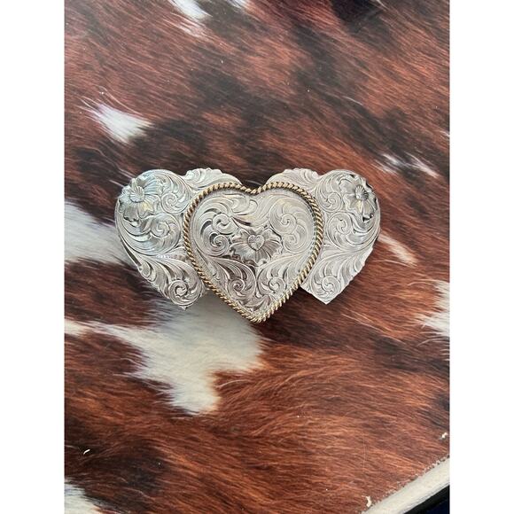 Sterling Silver Plate Montana Silversmiths Triple Heart Belt Buckle Western - Picture 9 of 10